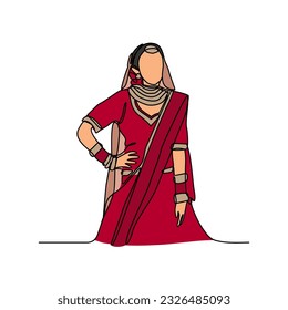 Una línea continua de personas usando la ropa tradicional. El concepto de ropa tradicional asiática en un estilo lineal simple. Ilustración vectorial del concepto de moda y belleza