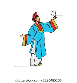 One continuous line drawing of people using the traditional clothes. Asian traditional clothes concept in simple linear style. Fashion and beauty concept vector illustration