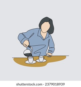 Una línea continua de la actividad de la gente en una cafetería. Diseño de la actividad de la cafetería en una sencilla ilustración de estilo lineal. Diseño adecuado para la promoción de la industria cafetera ilustración vectorial