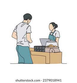 One continuous line drawing of people activity in coffee shop. Coffee shop activity design in simple linear style illustration. Suitable design for coffee shop business promotion vector illustration