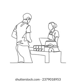 Una línea continua de la actividad de la gente en una cafetería. Diseño de la actividad de la cafetería en una sencilla ilustración de estilo lineal. Diseño adecuado para la promoción de la industria cafetera ilustración vectorial