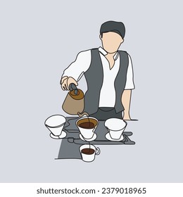 One continuous line drawing of people activity in coffee shop. Coffee shop activity design in simple linear style illustration. Suitable design for coffee shop business promotion vector illustration