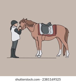 Un dibujo continuo de personas montando el caballo. Un jockey es alguien que monta un caballo en una carrera. Montar el caballo en una simple ilustración vectorial de estilo lineal. Diseño adecuado para su activo.