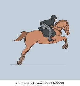 Un dibujo continuo de personas montando el caballo. Un jockey es alguien que monta un caballo en una carrera. Montar el caballo en una simple ilustración vectorial de estilo lineal. Diseño adecuado para su activo.