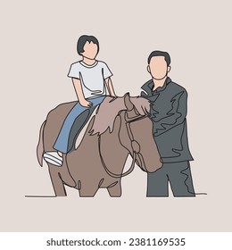 Un dibujo continuo de personas montando el caballo. Un jockey es alguien que monta un caballo en una carrera. Montar el caballo en una simple ilustración vectorial de estilo lineal. Diseño adecuado para su activo.