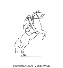 Un dibujo continuo de personas montando el caballo. Un jockey es alguien que monta un caballo en una carrera. Montar el caballo en una simple ilustración vectorial de estilo lineal. Diseño adecuado para su activo.