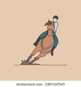 Un dibujo continuo de personas montando el caballo. Un jockey es alguien que monta un caballo en una carrera. Montar el caballo en una simple ilustración vectorial de estilo lineal. Diseño adecuado para su activo.