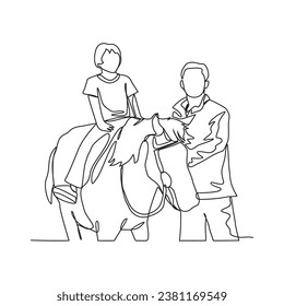 Un dibujo continuo de personas montando el caballo. Un jockey es alguien que monta un caballo en una carrera. Montar el caballo en una simple ilustración vectorial de estilo lineal. Diseño adecuado para su activo.