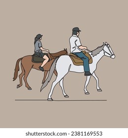 Un dibujo continuo de personas montando el caballo. Un jockey es alguien que monta un caballo en una carrera. Montar el caballo en una simple ilustración vectorial de estilo lineal. Diseño adecuado para su activo.