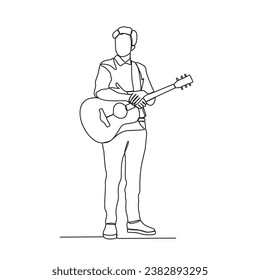 One continuous line drawing of the people playing guitar vector illustration. Guitarist illustration in simple linear style vector concept. Guitar Player design is suitable for your asset design.