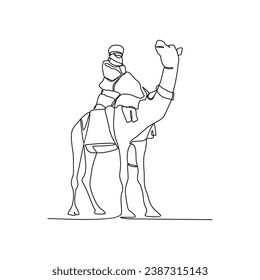 One continuous line drawing of people are riding camels in the desert as symbol for Hijrah. Islamic new year holiday concept in simple linear style. Arabian Old transportation vector illustration.