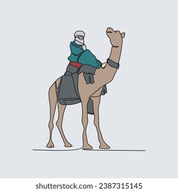 One continuous line drawing of people are riding camels in the desert as symbol for Hijrah. Islamic new year holiday concept in simple linear style. Arabian Old transportation vector illustration.