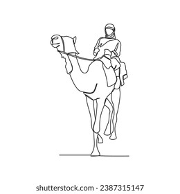 Una línea continua de personas está montando camellos en el desierto como símbolo de Hijrah. El concepto islámico de vacaciones de Año Nuevo en un estilo lineal simple. Ilustración vectorial del transporte antiguo árabe.