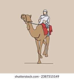 One continuous line drawing of people are riding camels in the desert as symbol for Hijrah. Islamic new year holiday concept in simple linear style. Arabian Old transportation vector illustration.