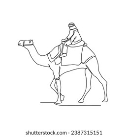 Una línea continua de personas está montando camellos en el desierto como símbolo de Hijrah. El concepto islámico de vacaciones de Año Nuevo en un estilo lineal simple. Ilustración vectorial del transporte antiguo árabe.