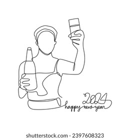 One continuous line drawing of People are having fun throwing parties to welcome the new year 2024 vector illustration. New year party illustration simple linear style vector concept. new year party.