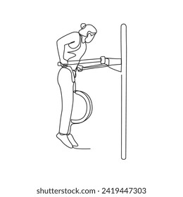 Un dibujo de línea continua de personas haciendo gimnasia o actividad de fitness en la ilustración vectorial del gimnasio. Ilustración de gimnasia y fitness en línea continua de estilo lineal simple