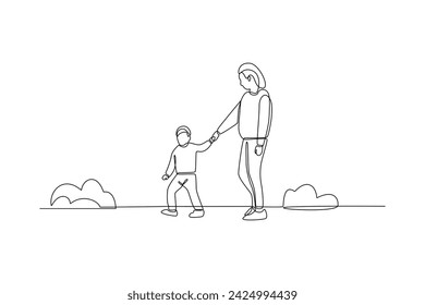 One continuous line drawing of People walking, playing, riding bicycle at city park. Activities outdoors concept. Doodle vector illustration in simple linear style.