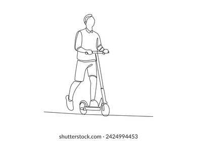 One continuous line drawing of People walking, playing, riding bicycle at city park. Activities outdoors concept. Doodle vector illustration in simple linear style.