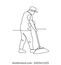 One continuous line drawing of People with housekeeping work activity vector illustration.  tasks such as sweeping, vacuuming, mopping, dusting, wiping down surfaces, and taking out the trash.