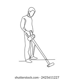 One continuous line drawing of People with housekeeping work activity vector illustration.  tasks such as sweeping, vacuuming, mopping, dusting, wiping down surfaces, and taking out the trash.