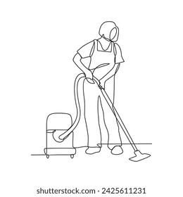 One continuous line drawing of People with housekeeping work activity vector illustration.  tasks such as sweeping, vacuuming, mopping, dusting, wiping down surfaces, and taking out the trash.