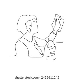 One continuous line drawing of People with housekeeping work activity vector illustration.  tasks such as sweeping, vacuuming, mopping, dusting, wiping down surfaces, and taking out the trash.