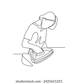 One continuous line drawing of People with housekeeping work activity vector illustration.  tasks such as sweeping, vacuuming, mopping, dusting, wiping down surfaces, and taking out the trash.