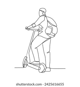 Una línea continua de dibujo de las personas que utilizan scooter para ir a la ilustración vectorial de la oficina. Los scooters de ilustración son un transporte alternativo con un diseño de concepto de vector de estilo lineal simple.