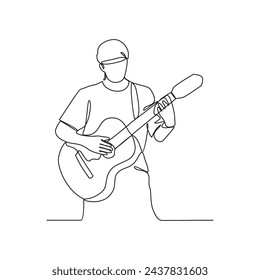 One continuous line drawing of the people playing guitar vector illustration. Guitarist illustration in simple linear style vector concept. Guitar Player design is suitable for your asset design.