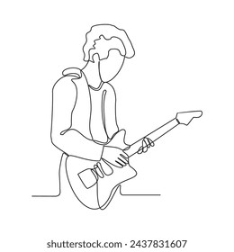 One continuous line drawing of the people playing guitar vector illustration. Guitarist illustration in simple linear style vector concept. Guitar Player design is suitable for your asset design.