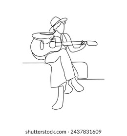 One continuous line drawing of the people playing guitar vector illustration. Guitarist illustration in simple linear style vector concept. Guitar Player design is suitable for your asset design.