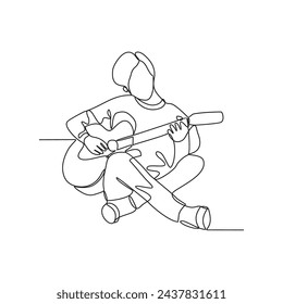 One continuous line drawing of the people playing guitar vector illustration. Guitarist illustration in simple linear style vector concept. Guitar Player design is suitable for your asset design.