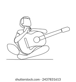 One continuous line drawing of the people playing guitar vector illustration. Guitarist illustration in simple linear style vector concept. Guitar Player design is suitable for your asset design.