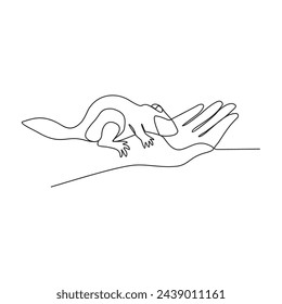 One continuous line drawing of the people is play with their pet by hugging and carrying it as vector illustration. Playing with pets activity illustration in simple linear style vector concept.