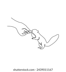 One continuous line drawing of the people is play with their pet by hugging and carrying it as vector illustration. Playing with pets activity illustration in simple linear style vector concept.