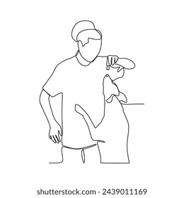 One continuous line drawing of the people is play with their pet by hugging and carrying it as vector illustration. Playing with dog activity illustration in simple linear style vector concept.