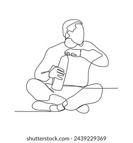 One continuous line drawing of the people are drinking after exercising in the morning vector illustration. Drinking after exercising activity illustration in simple linear style vector design concept