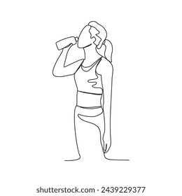 One continuous line drawing of the people are drinking after exercising in the morning vector illustration. Drinking after exercising activity illustration in simple linear style vector design concept