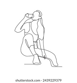 One continuous line drawing of the people are drinking after exercising in the morning vector illustration. Drinking after exercising activity illustration in simple linear style vector design concept