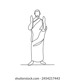 One continuous line drawing of people doing praying during Hajj month. People using ihram for hajj pray activity in simple linear style design concept. Islamic hajj day design vector illustration. 