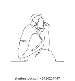 One continuous line drawing of people doing praying during Hajj month. People using ihram for hajj pray activity in simple linear style design concept. Islamic hajj day design vector illustration. 