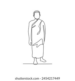 One continuous line drawing of people doing praying during Hajj month. People using ihram for hajj pray activity in simple linear style design concept. Islamic hajj day design vector illustration. 