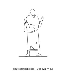 One continuous line drawing of people doing praying during Hajj month. People using ihram for hajj pray activity in simple linear style design concept. Islamic hajj day design vector illustration. 