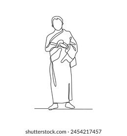 One continuous line drawing of people doing praying during Hajj month. People using ihram for hajj pray activity in simple linear style design concept. Islamic hajj day design vector illustration. 