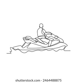 Eine durchgehende Linienzeichnung von Menschen spielen Jet-Ski-Vektorillustration. Jetski-Design im schlichten linearen, durchgehenden Stil der Vektorgrafik. Design für Sportthemen für Ihre Asset-Vektorgrafik-Design-Illustration.