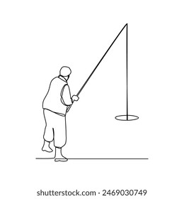 One continuous line drawing of people do fishing  vector illustration. Fishing, a timeless pursuit where patience and skill intertwine. Cast your line into tranquil waters, awaiting the telltale tug.