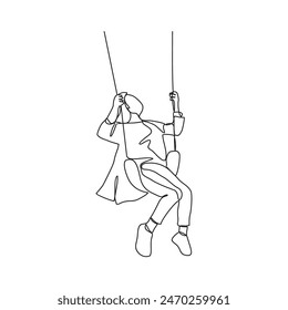 One continuous line drawing of people playing the swing in the park vector illustration. Games themes design concept in simple linear continuous line. Games theme design is suitable for your asset.