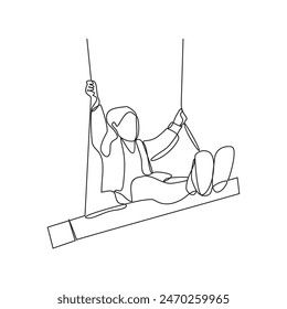 One continuous line drawing of people playing the swing in the park vector illustration. Games themes design concept in simple linear continuous line. Games theme design is suitable for your asset.