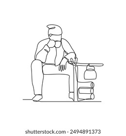 One continuous line drawing of People camping vector illustration. Camping and hiking activity design illustration simple linear style vector concept. Outdoor activity in the mountain with family